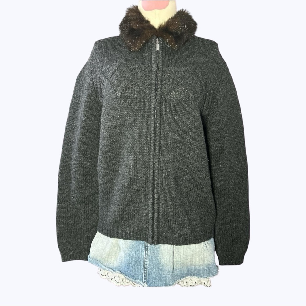 Vintage wool fur collared knit zip up